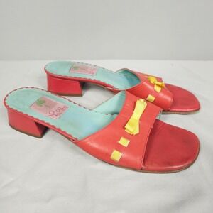 Vintage Lily Pulitzer Sandals Women Size 10 M Red Yellow Leather Slip-On Open To